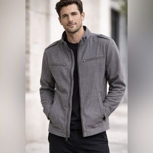 Apt.9 Men's Gray Herringbone Zip Jacket Moto Military Style Casual Coat Sz M